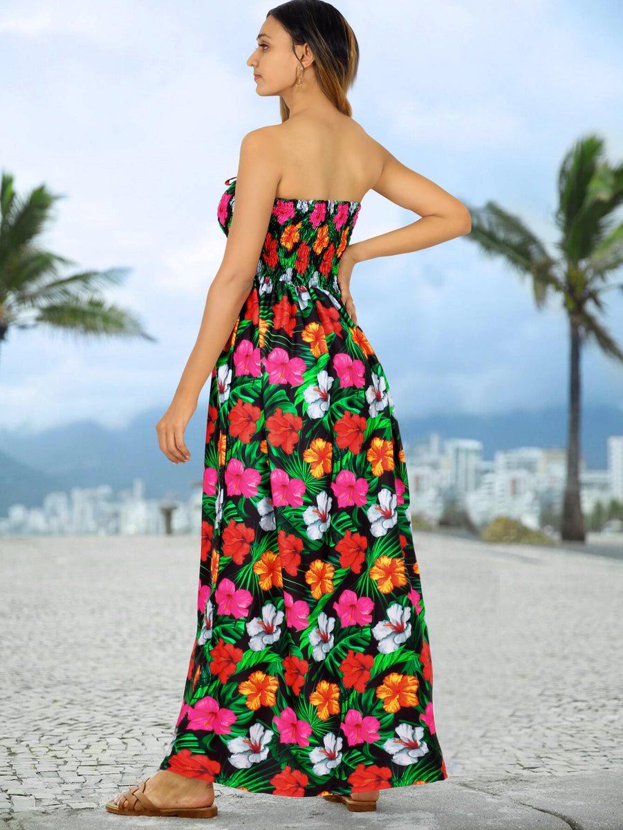 Black Allover Multi-Color Tropical Floral Print Strapless Long Dress P01048
