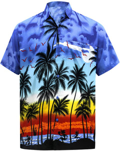LA LEELA Men's Relaxed fit Beach hawaiian Shirt Aloha Tropical Beach  front Pocket Short sleeve Palm tree printed Blue