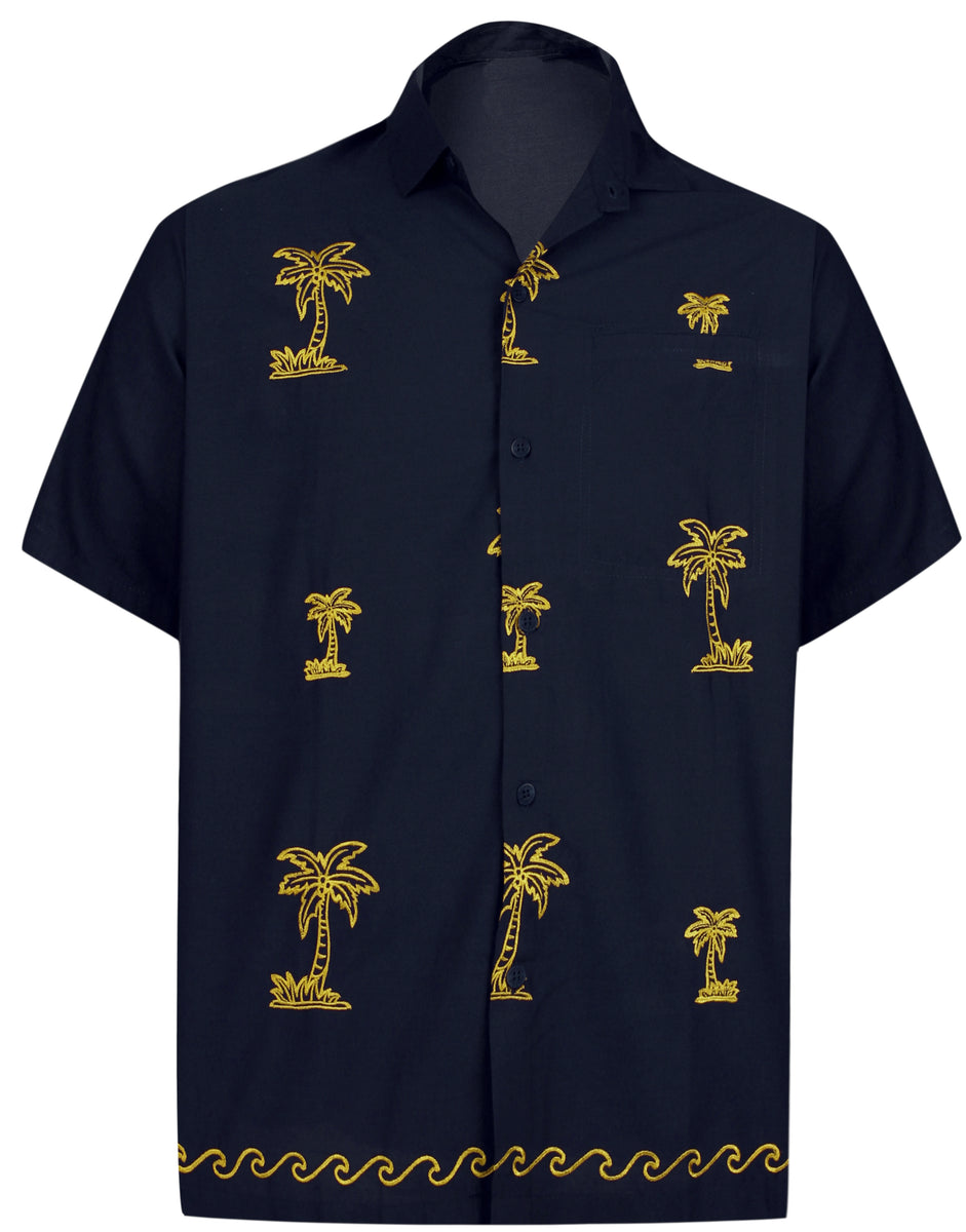 LA LEELA Men's Hawaiian Shirt - Turquoise Palm Tree Print, Lightweight Regular Fit, Size L