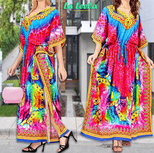 LA LEELA 2 Digital Women's Kaftan Kimono Summer Beachwear Cover up Dress o933
