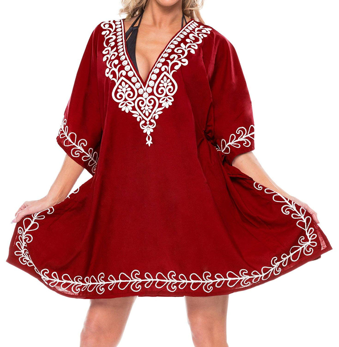 LA LEELA Women's Rayon Beach Cover Up Kimono Cardigan - Bohemian Floral Print, Short Sleeve, Swimsuit Cover