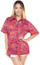 Load image into Gallery viewer, la-leela-womens-beach-wear-button-down-short-sleeve-casual-100-cotton-hand-printed-blouse-red