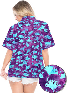 la-leela-womens-beach-wear-button-down-short-sleeve-casual-100-cotton-leaf-floral-hand-printed-blouse-purple-turquoise