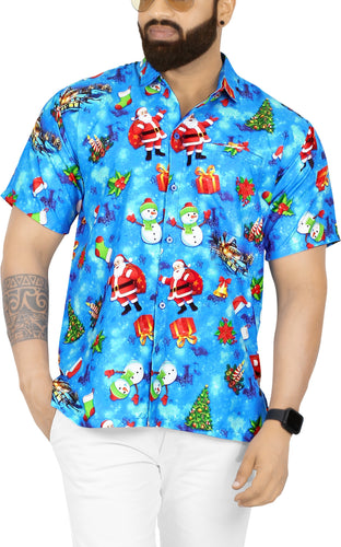 LA LEELA Mens Funky Hawaiian Christmas Santa Claus Casual Shirts Blue_AA333