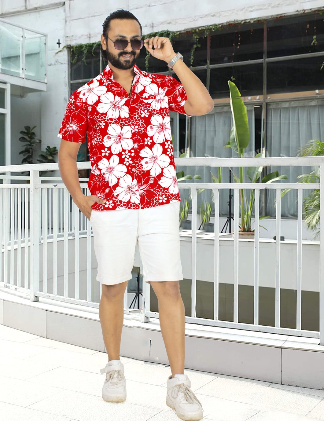 La Leela Men's Floral Hibiscus Allover  Shirt For Summer/Spring Red
