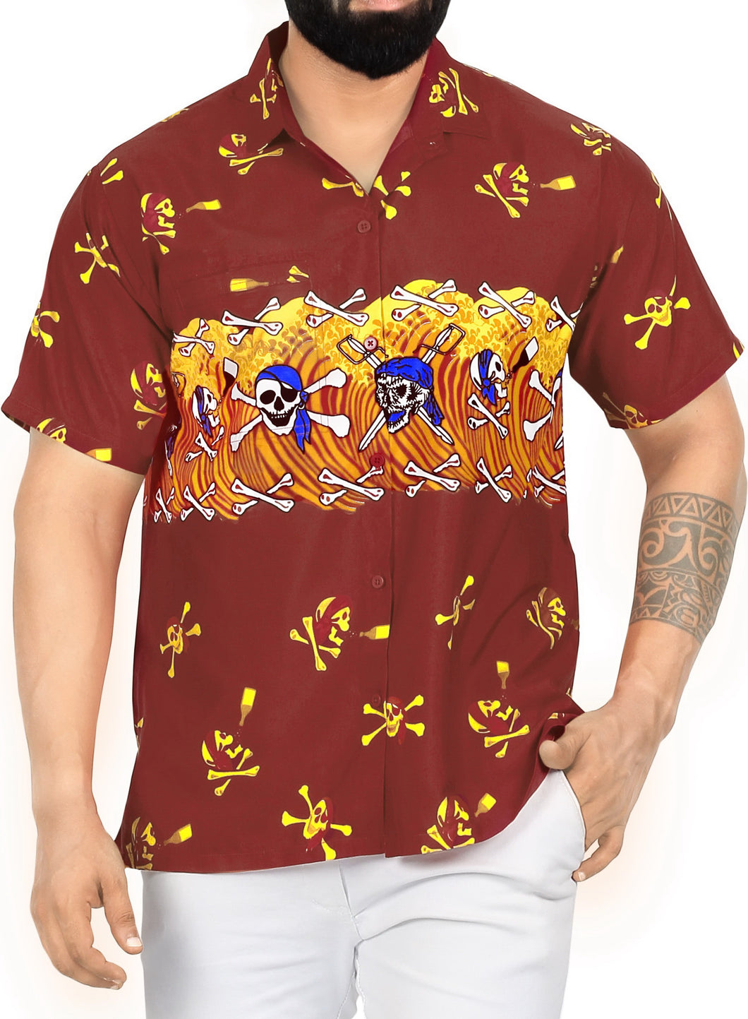 La Leela Men's Causal Halloween Skull Cross & Pirates Printed Red Shirt