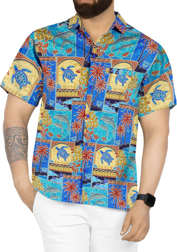 Allover Collage Mini Palm Tree Turtle and Dolphin Printed Hawaiian Beach Shirt For Men