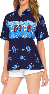 La Leela Women's Causal Halloween Skull Cross & Pirates Printed Bright Blue Shirt