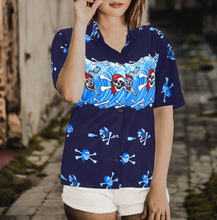 Load image into Gallery viewer, La Leela Women&#39;s Causal Halloween Skull Cross &amp; Pirates Printed Bright Blue Shirt