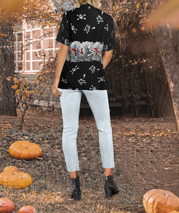 La Leela Women's Causal Halloween Skull Cross & Pirates Printed Bright Black Shirt