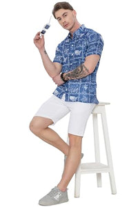 4th of July USA Map Flag and Turtle Printed Linen Effect Shirt For Men Navy Blue