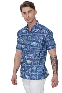 4th of July USA Map Flag and Turtle Printed Linen Effect Shirt For Men Navy Blue
