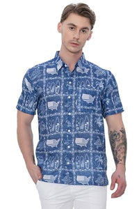4th of July USA Map Flag and Turtle Printed Linen Effect Shirt For Men Navy Blue