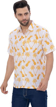 Cargar imagen en el visor de la galería, Tropical Vibes White &amp; Yellow Pineapple and Palm Tree Printed Linen Effect Men&#39;s Shirt
