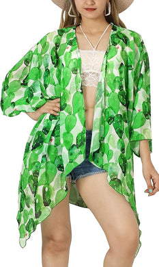 Green Sheer Allover Multicolor Feather Printed Kimono Shrug Jacket Cover up 918884