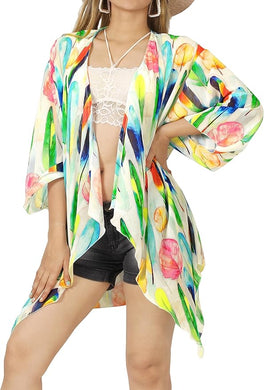 Multicolor Sheer Allover Multicolor Feather Printed Kimono Shrug Jacket Cover up 918890