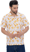 Cargar imagen en el visor de la galería, Tropical Vibes White &amp; Yellow Pineapple and Palm Tree Printed Linen Effect Men&#39;s Shirt