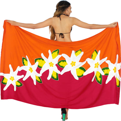 Red and Orange Non-Sheer Hand Painted Prumeria Flower Beach Wrap For Women