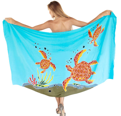 Dive into Ocean Elegance-Turquoise Hand-Painted Underwater Turtles Beach Wrap For Women