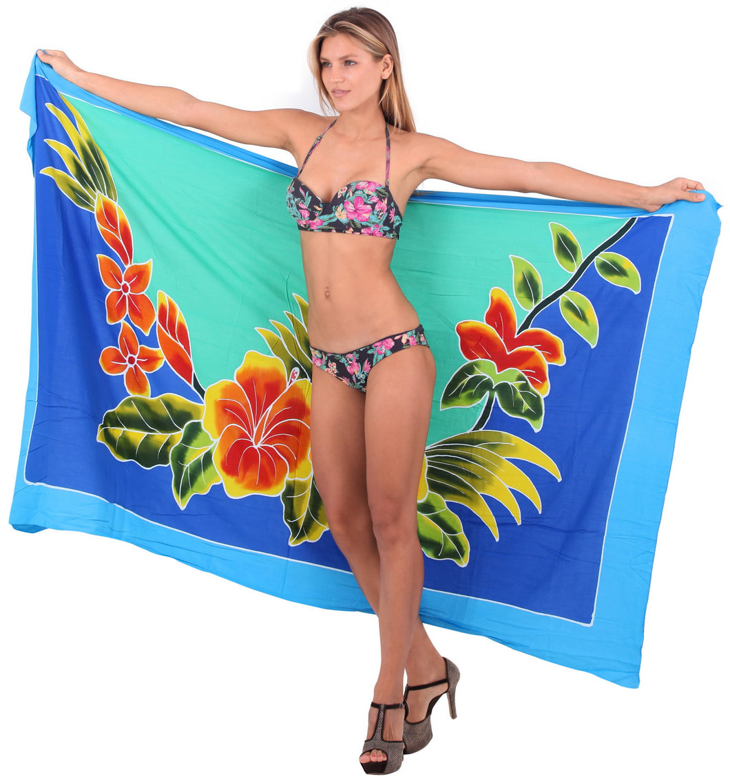 Blue Non-Sheer Hand Painted Hibiscus and Leaves Beach Wrap For Women