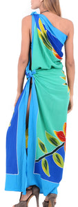 Blue Non-Sheer Hand Painted Hibiscus and Leaves Beach Wrap For Women