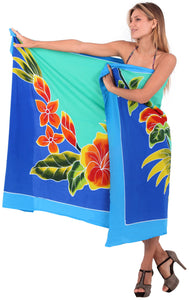 Blue Non-Sheer Hand Painted Hibiscus and Leaves Beach Wrap For Women