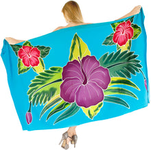 Cargar imagen en el visor de la galería, Turquoise Non-Sheer Hand Painted Hibiscus and Leaves Beach Wrap For Women