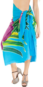 Turquoise Non-Sheer Hand Painted Hibiscus and Leaves Beach Wrap For Women