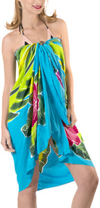 Turquoise Non-Sheer Hand Painted Hibiscus and Leaves Beach Wrap For Women