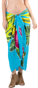 Turquoise Non-Sheer Hand Painted Hibiscus and Leaves Beach Wrap For Women