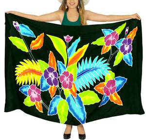 Black Non-Sheer Hand Painted Mutlicolor Floral and Leaves Beach Wrap For Women