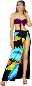 Black Non-Sheer Hand Painted Mutlicolor Floral and Leaves Beach Wrap For Women