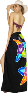 Black Non-Sheer Hand Painted Mutlicolor Floral and Leaves Beach Wrap For Women