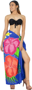Royal Blue Non-Sheer Hand Painted Hibiscus Floral and Leaves Beach Wrap For Women