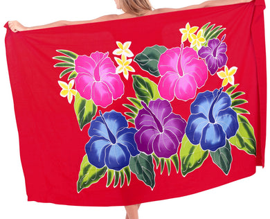 Red Non-Sheer Hand Painted Multicolor Hibiscus Floral and Leaves Beach Wrap For Women