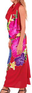 Red Non-Sheer Hand Painted Multicolor Hibiscus Floral and Leaves Beach Wrap For Women