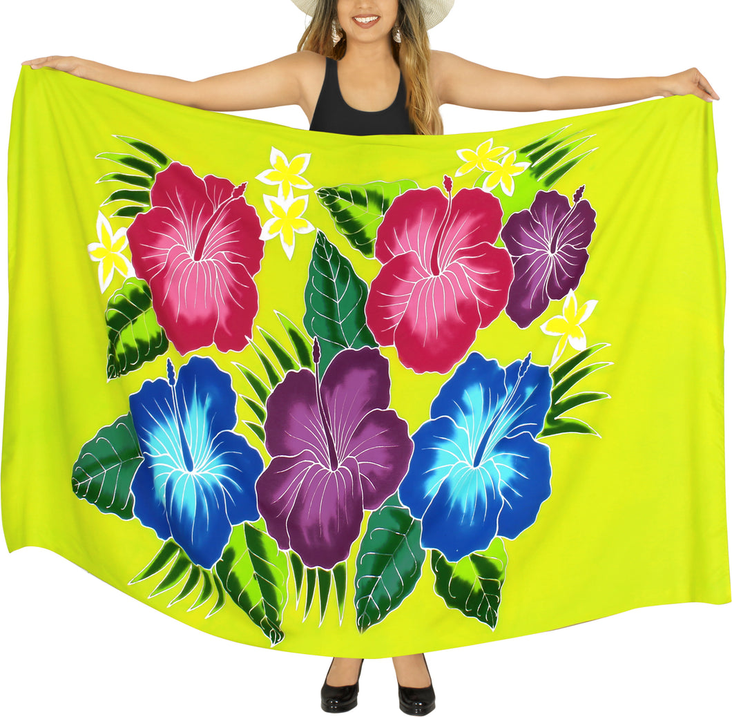 Shamrock Green Non-Sheer Hand Painted Hibiscus Floral and Leaves Beach Wrap For Women