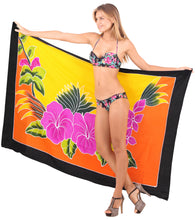 Load image into Gallery viewer, Tangerine Non-Sheer Hand Painted Pink Hibiscus and Leaves Beach Wrap For Women