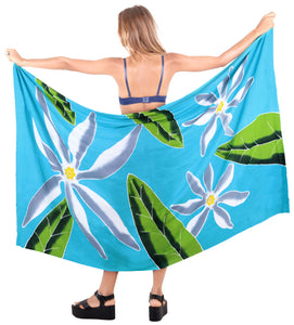 Turquoise Non-Sheer Hand Painted White Floral and Leaves Beach Wrap For Women