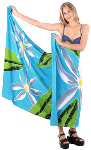 Turquoise Non-Sheer Hand Painted White Floral and Leaves Beach Wrap For Women