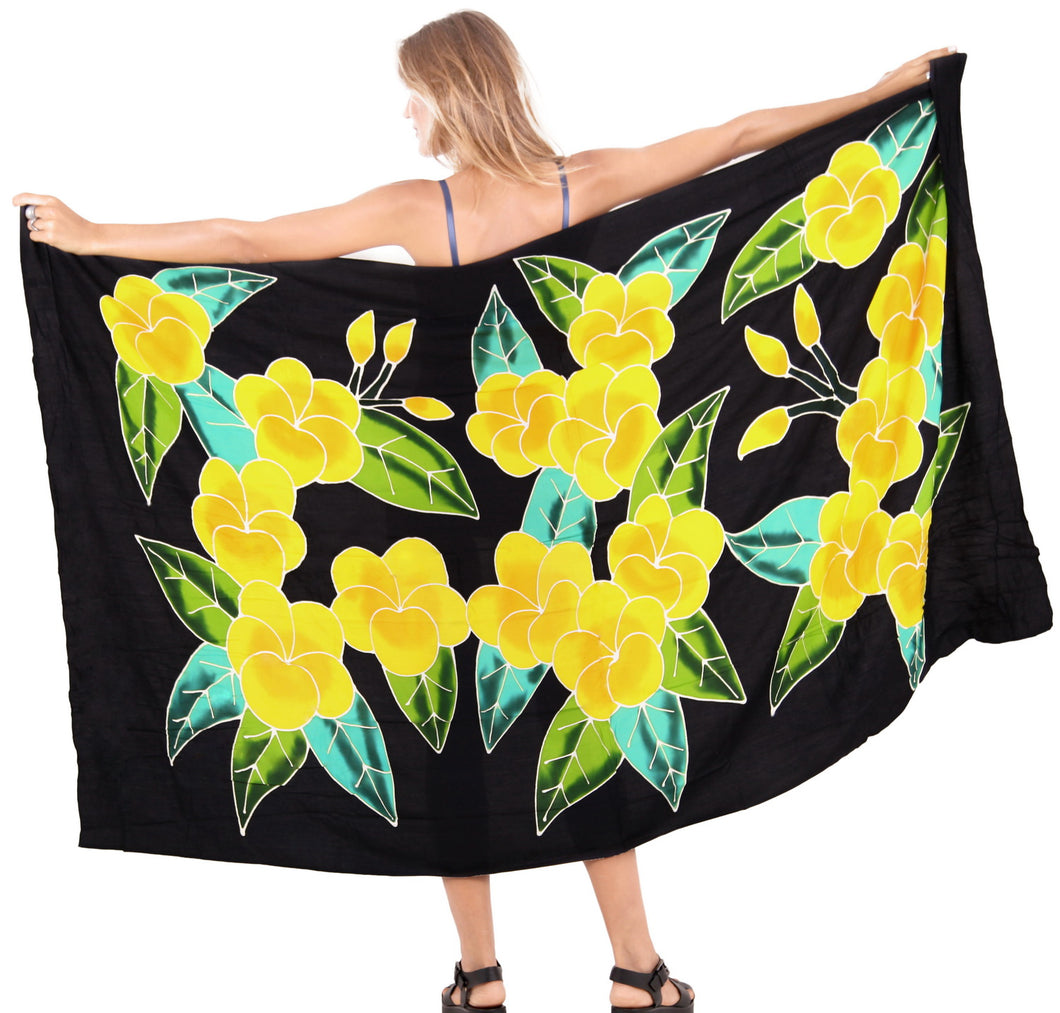 Allover Black Non-Sheer Hand Painted Yellow Prumeria Flower Beach Wrap For Women