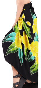 Allover Black Non-Sheer Hand Painted Yellow Prumeria Flower Beach Wrap For Women