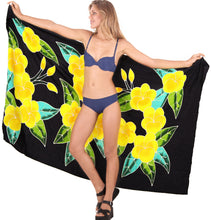 Load image into Gallery viewer, Allover Black Non-Sheer Hand Painted Yellow Prumeria Flower Beach Wrap For Women