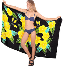 Cargar imagen en el visor de la galería, Allover Black Non-Sheer Hand Painted Yellow Prumeria Flower Beach Wrap For Women