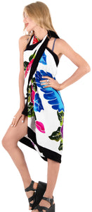 White Non-Sheer Hand Painted Mutlicolor Floral and Leaves Beach Wrap For Women