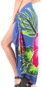 Royal Blue Non-Sheer Hand Painted Pink Hibiscus and Leaves Beach Wrap For Women