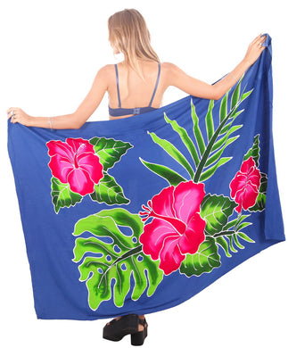 Royal Blue Non-Sheer Hand Painted Pink Hibiscus and Leaves Beach Wrap For Women