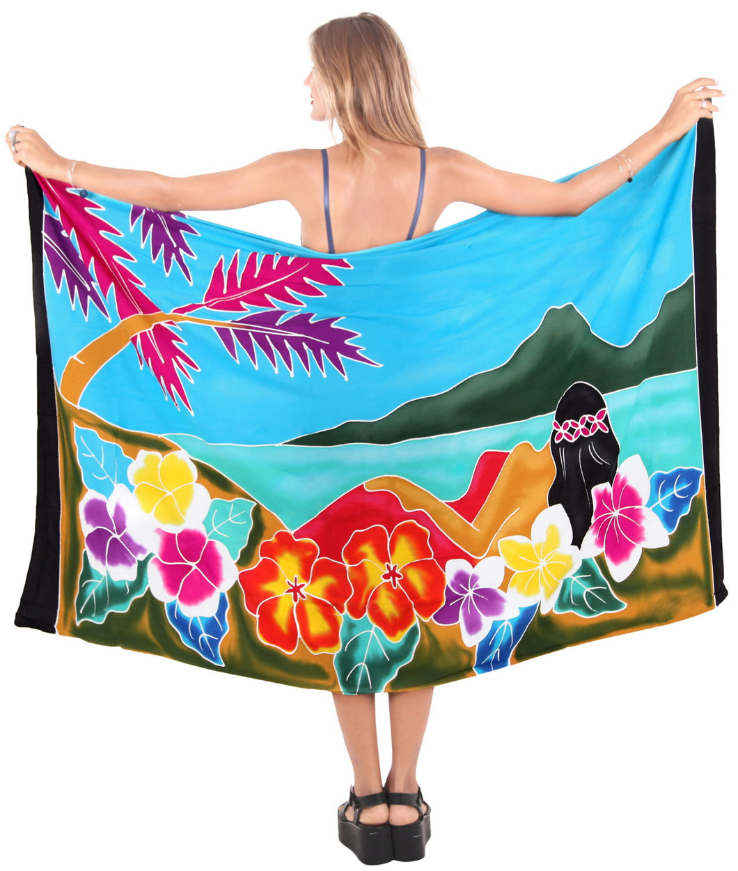 Black Turquoise Non-Sheer Hand Painted Hibiscus and Beach View Beach Wrap For Women
