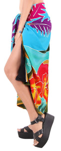 Black Turquoise Non-Sheer Hand Painted Hibiscus and Beach View Beach Wrap For Women