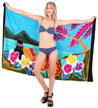 Load image into Gallery viewer, Black Turquoise Non-Sheer Hand Painted Hibiscus and Beach View Beach Wrap For Women